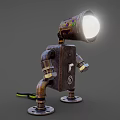 Vintage Industrial Metal Robot Character With Head Lamp And Mechanical Limbs