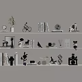Modern Decorative Ornament Combination On Shelves With Books Sculptures Vases Geometric Animal Figures