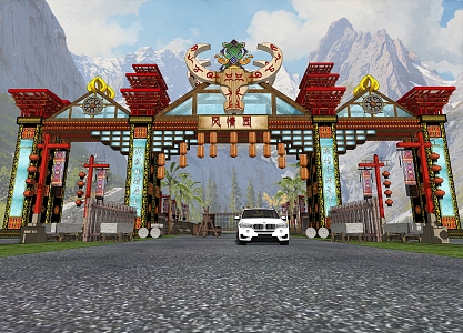 Entrance gate of cow head shaped Tibetan scenic spot 3d model