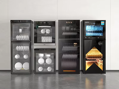 Modern Black Kitchen Appliances With Glass Door Design And Dishes Inside 3d model