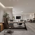 Modern Office Interior With Open Layout Sofa Chairs Bookshelves Desk And Circular Ceiling Light
