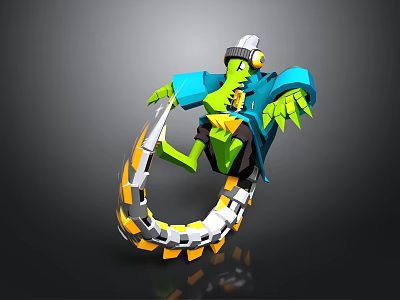 Green Creature Character Wearing Blue Coat And White Hat Holding Weapon With Orange White Rings 3d model