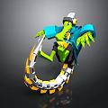 Green Creature Character Wearing Blue Coat And White Hat Holding Weapon With Orange White Rings
