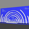 Blue Photo Check In Spot With White Curved Decorations City Silhouettes And WELCOME Lettering