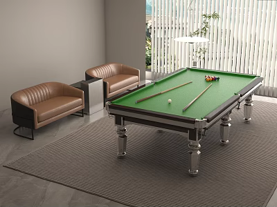Modern Interior Billiard Entertainment Table With Green Felt Cues Balls Brown Leather Sofas And Rug 3d model