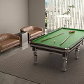 Modern Interior Billiard Entertainment Table With Green Felt Cues Balls Brown Leather Sofas And Rug