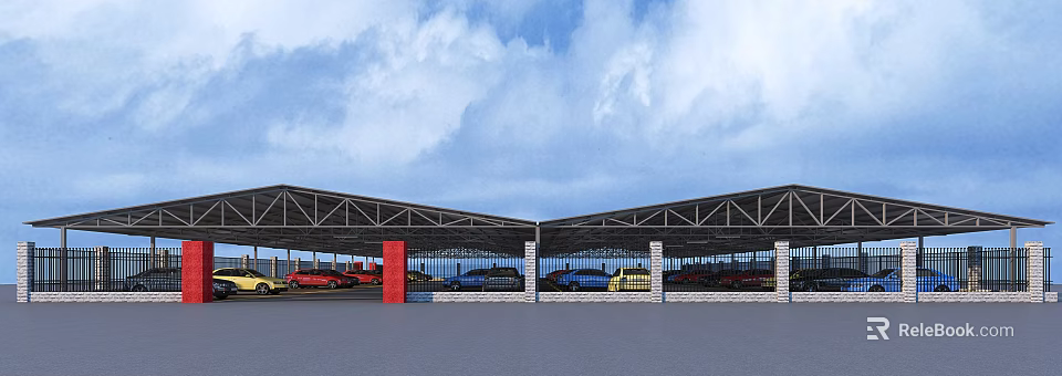 Covered Parking Lot With Red Pillars Various Colored Cars And Fencing Under Blue Sky 3d model 