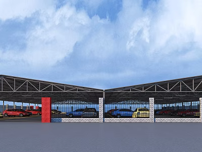 Covered Parking Lot With Red Pillars Various Colored Cars And Fencing Under Blue Sky 3d model