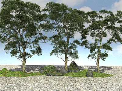 Lush Arbor Trees With Green Foliage On Grassy Area With Stones And Cobblestone Ground 3d model