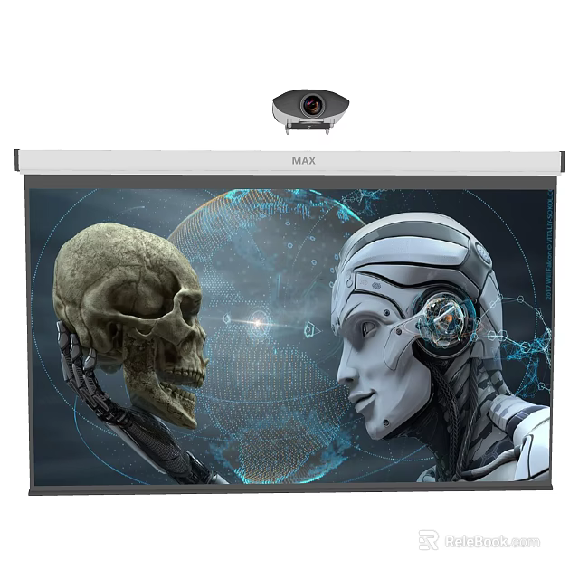 Projection Monitoring System On Screen With Skull And Robot Head Globe Pattern Background 3d model 