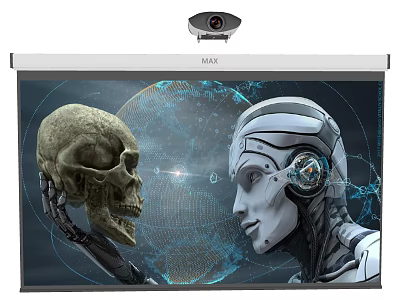 Projection Monitoring System On Screen With Skull And Robot Head Globe Pattern Background 3d model