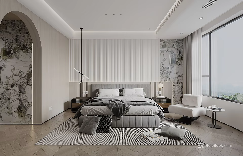 Modern Bedroom Interior Design With Upholstered Bed Bedside Tables Hanging Lamp And Area Rug 3d model 