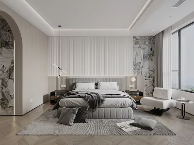 Modern Bedroom Interior Design With Upholstered Bed Bedside Tables Hanging Lamp And Area Rug 3d model