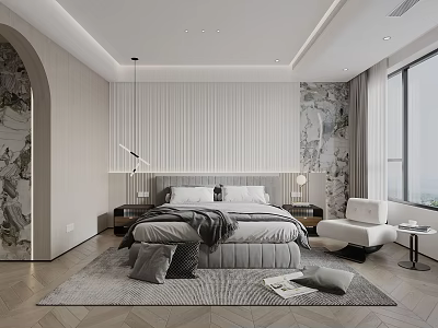 Modern Bedroom Interior Design With Upholstered Bed Bedside Tables Hanging Lamp And Area Rug 3d model