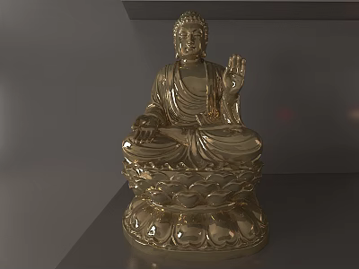 Golden Buddha Sculpture Carving With Lotus Base And Right Hand Gesture 3d model