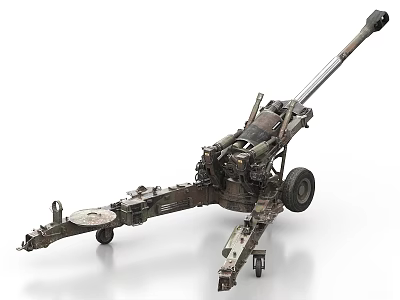 Old Fashioned Towed Military Artillery With Long Barrel And Metal Wheels 3d model