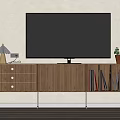 Modern Wooden TV Stand with Drawers Cabinets Metal Legs TV Table Lamp Plant and Bookshelf