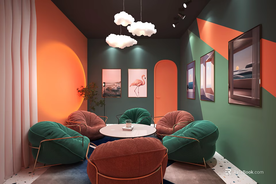 Vibrant Interior With Green Orange Sofas Round Table Cloud Chandeliers And Flamingo Paintings 3d model 