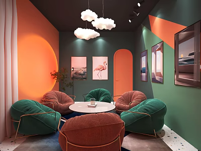 Vibrant Interior With Green Orange Sofas Round Table Cloud Chandeliers And Flamingo Paintings 3d model
