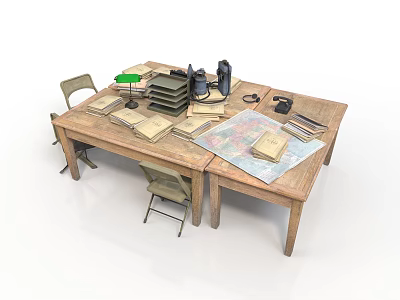 Vintage Wooden Table Setup With Table Lamp Books Map Camera And Chairs 3d model