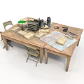 Vintage Wooden Table Setup With Table Lamp Books Map Camera And Chairs