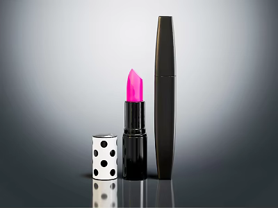 Stylish Cosmetics Display Pink Lipstick Black Mascara With Polka Dot Case On Sleek Reflective Surface 3d model