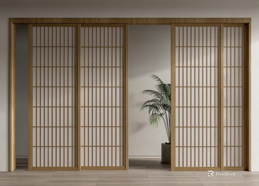 Wooden Lattice Sliding Doors In Minimalist Interior With Potted Plant And Light Wall 3d model 