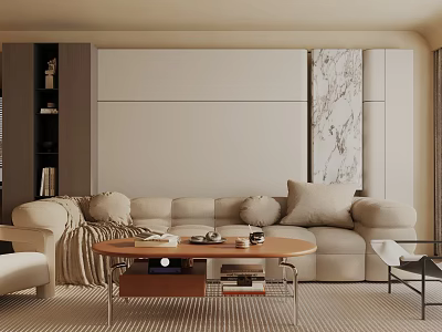 Modern Living Room Interior With Beige Sofa Pillows Coffee Table And Marble Wall Art 3d model