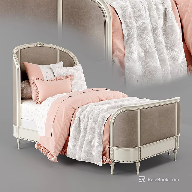 Elegant Kids Bed with Upholstered Headboard Pink White Patterned Bedding and Ruffled Pillows 3d model 