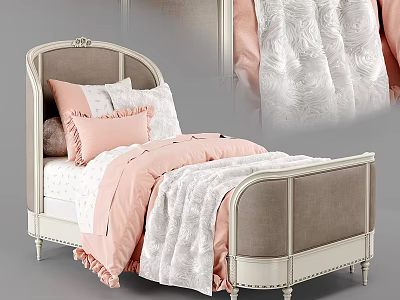Elegant Kids Bed with Upholstered Headboard Pink White Patterned Bedding and Ruffled Pillows 3d model
