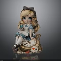 Alice Themed Doll Sitting On Vintage Pocket Watch With Playing Cards Teacup And Apple