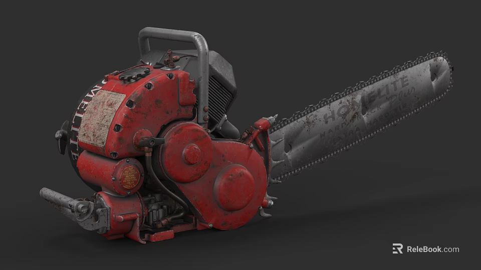 Vintage Red Chainsaw Weapon With Sharp Metal Chain And Rustic Body 3d model 
