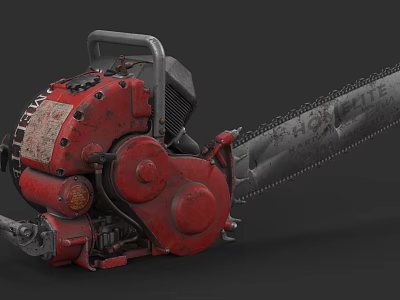 Vintage Red Chainsaw Weapon With Sharp Metal Chain And Rustic Body 3d model