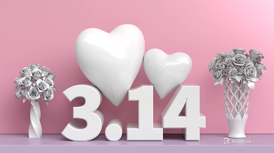 Landscape Sculpture Featuring Heart Shaped Sculptures 3.14 Numbers Pink Background And White Roses In Vase 3d model 