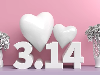 Landscape Sculpture Featuring Heart Shaped Sculptures 3.14 Numbers Pink Background And White Roses In Vase 3d model