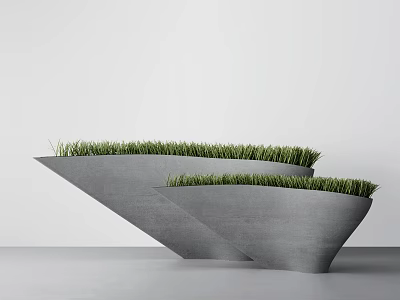 Stylish Modern Concrete Bonsai Planter With Geometric Shape And Green Grass 3d model