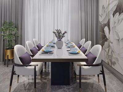 Modern Dining Table Set With White Chairs Purple Cushions And Lotus Pattern Wall Decor 3d model
