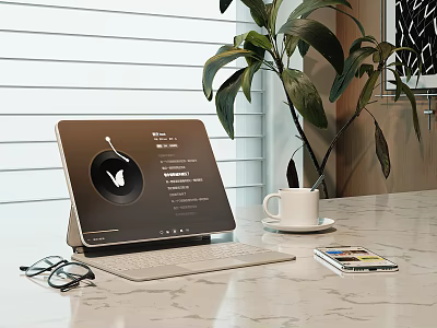 Tablet With Keyboard Stand On Marble Tabletop With Coffee Mug Eyeglasses Magazine And Plant 3d model