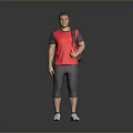 Man Standing In Simple Gray Background Wearing Red Shirt And Gray Pants Carrying Bag