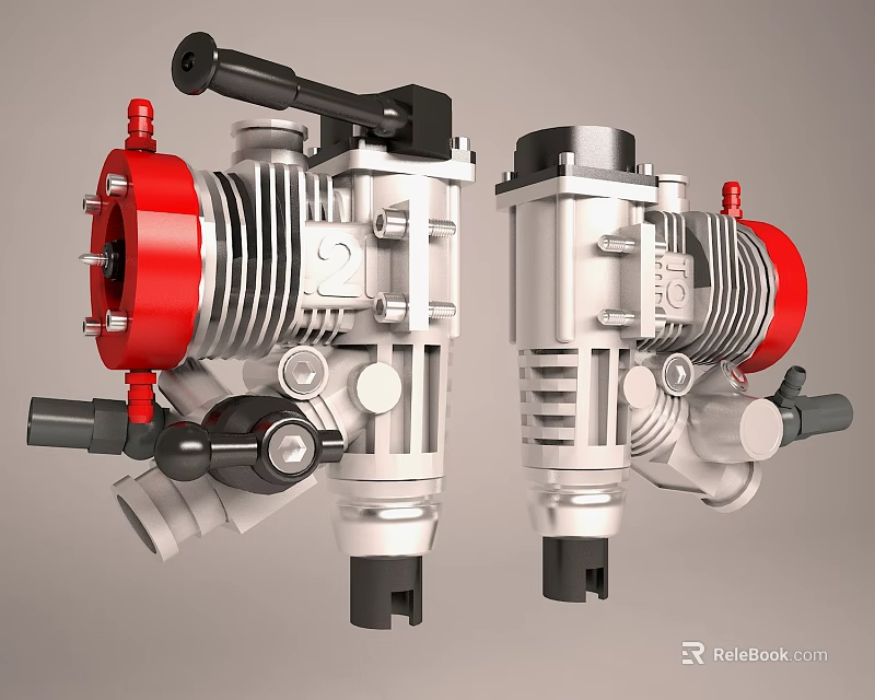 3D Model Of Engine With Red And Silver Mechanical Components And Design Structure 3d model
