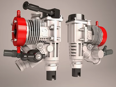 3D Model Of Engine With Red And Silver Mechanical Components And Design Structure 3d model