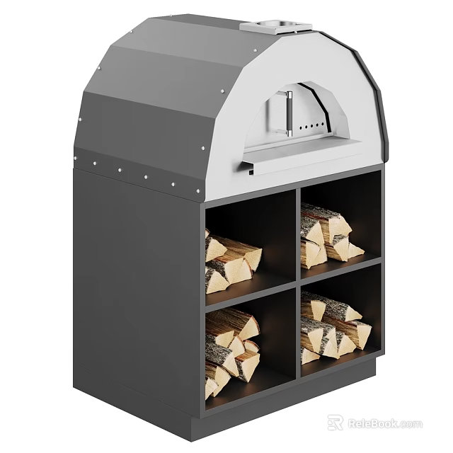 Gray And White Outdoor Oven With Wood Storage Compartments And Firewood 3d model 