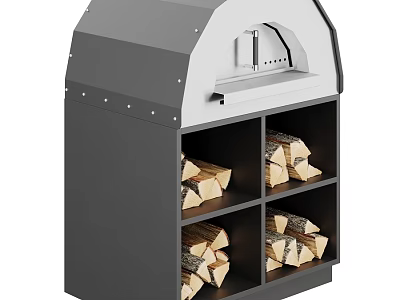 Gray And White Outdoor Oven With Wood Storage Compartments And Firewood 3d model