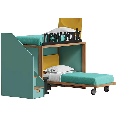Teal and Yellow Bunk Bed with Wooden Frame Storage Stairs New York Decor and Wheels 3d model
