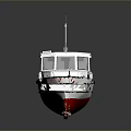 Small Modern White Cabin Boat With Red Bottom Green Railings And Lifebuoy