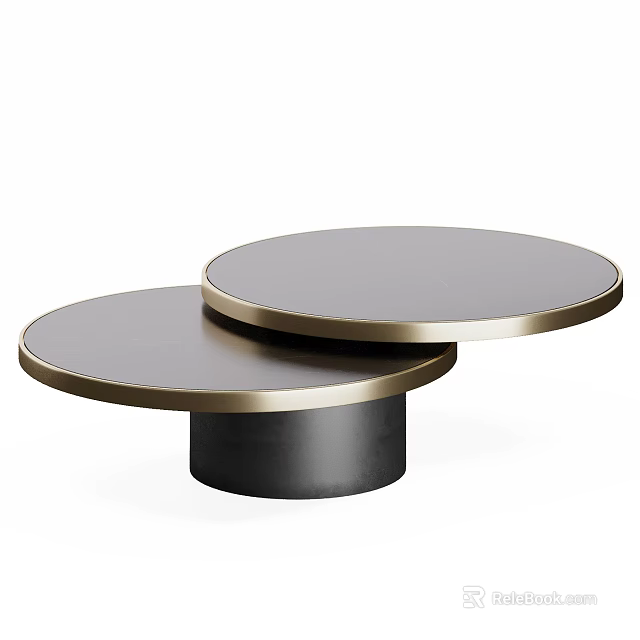 Modern Coffee Table With Two Tier Round Tabletop Gold Trim And Black Cylindrical Base 3d model