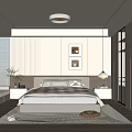 Modern Bedroom Interior With Beige Bed Framed Pictures Bedside Tables And Window Blinds