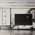 Modern TV Wall Design Featuring Marble Texture White Storage Cabinets And Recessed Lighting 3d model
