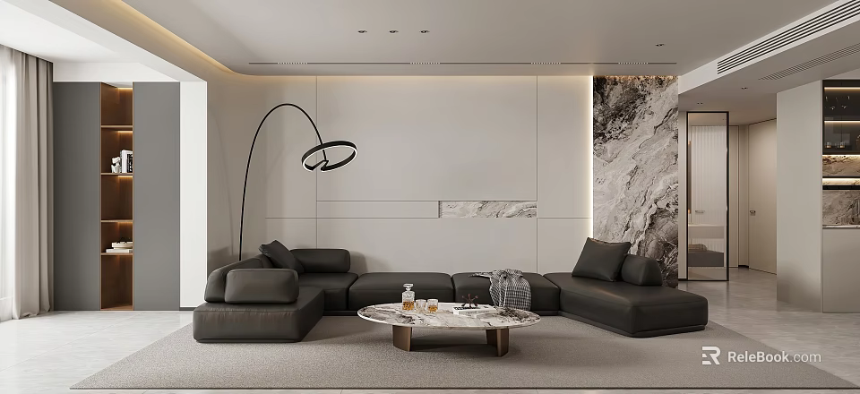 Modern Living Dining Room Interior With Gray Sofa Marble Coffee Table And Floor Lamp 3d model 