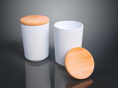 White Ceramic Cups With Honeycomb Texture And Wooden Lids On Dark Surface 3d model